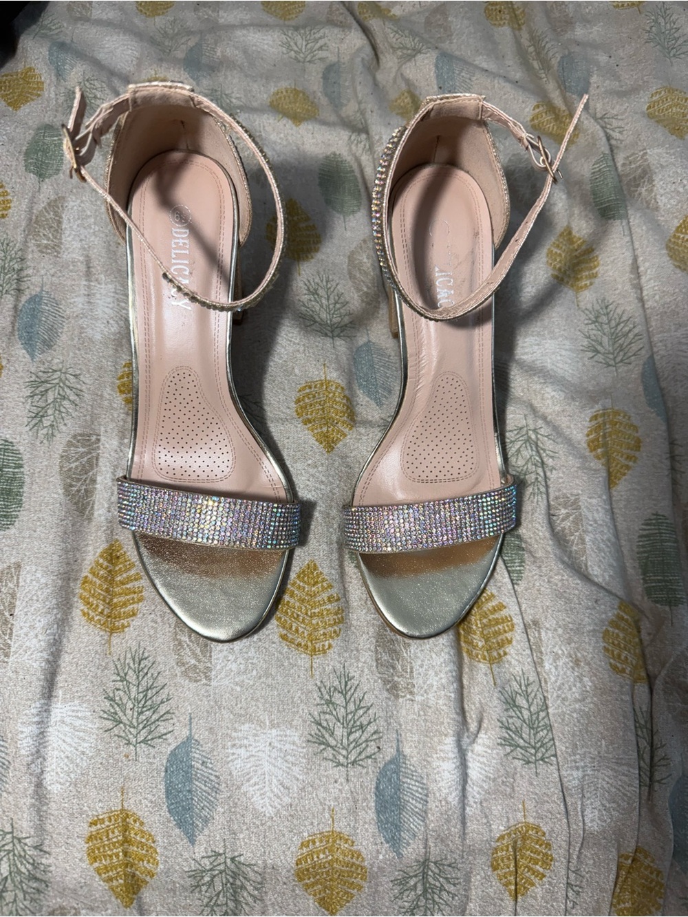 Delicacy Pink Metallic Ankle-Strap Heels with Sparkling Front Band